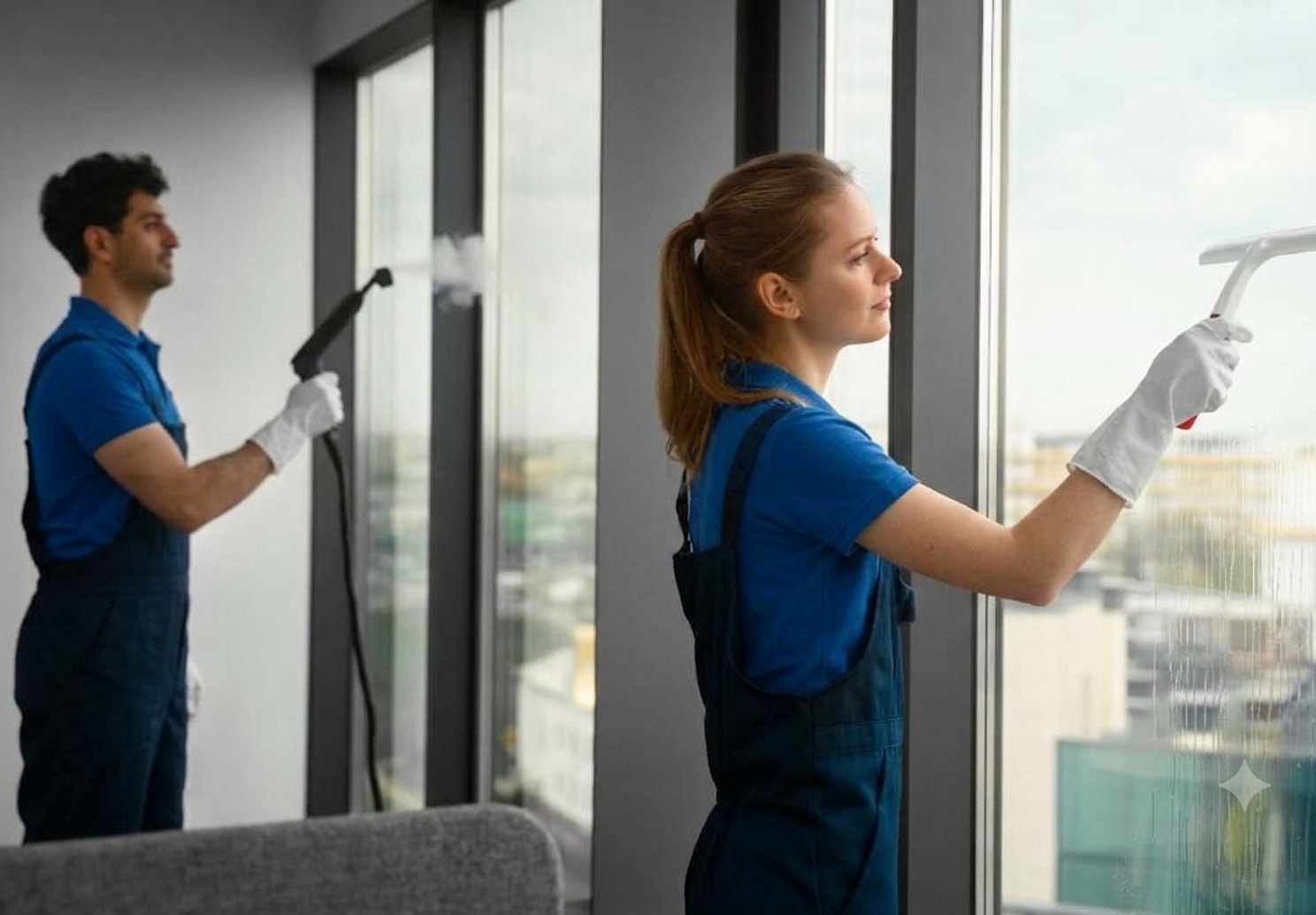 Cleaners washing office windows
