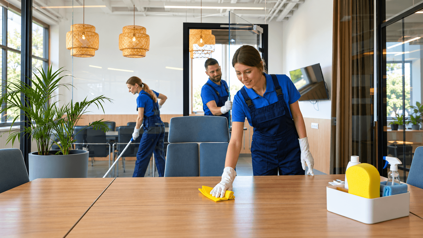 Office cleaners polishing a wooden table